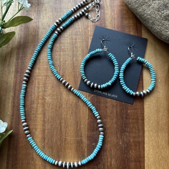 Southwestern Sterling Silver Blue Turquoise Pearls Bead Necklace Earrings Set - Picture 1 of 12